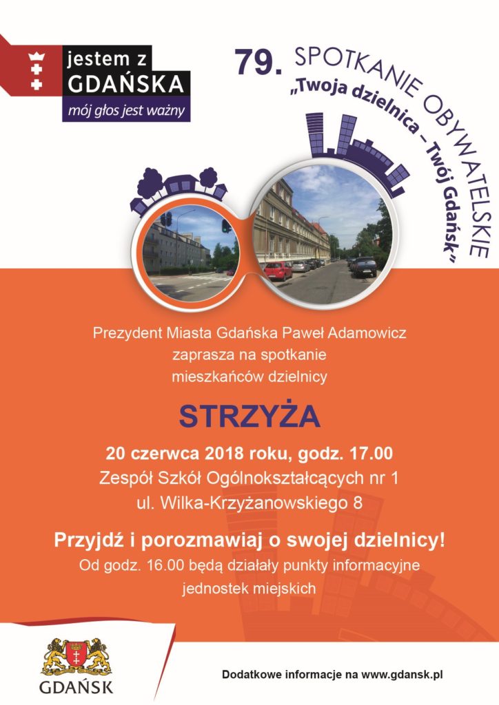 Plakat promujący spotkanie prezydenta Gdańska z mieszkańcami dzielnicy Strzyża