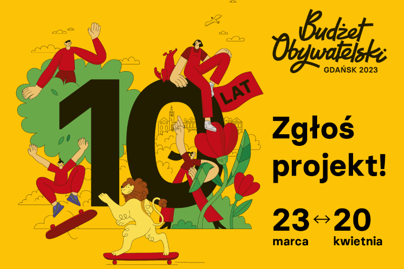 Infografika dotycząca budżetu obywatelskiego. Hasło zgłoś projekt w okresie od 23 marca do 20 kwietnia,