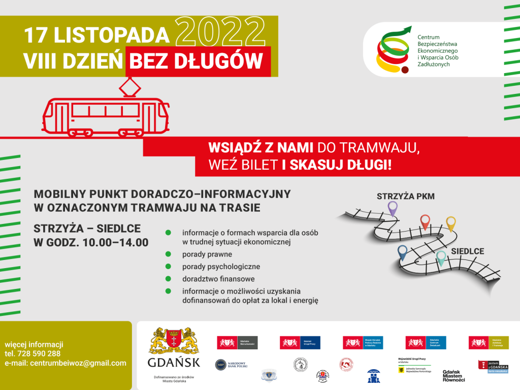 Infografika dotycząca Dnia bez Długów. 17 listopada w godz. 10-14 będzie funkcjonował mobilny punkt doradczo-informacyjny w oznaczonym tramwaju