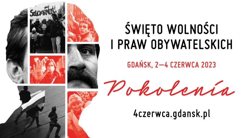 Infografika. Tekst "Święto wolności i praw obywatelskich" Gdańsk, 2-4 czerwca 2023 r.,  4czerwca.gdansk.pl