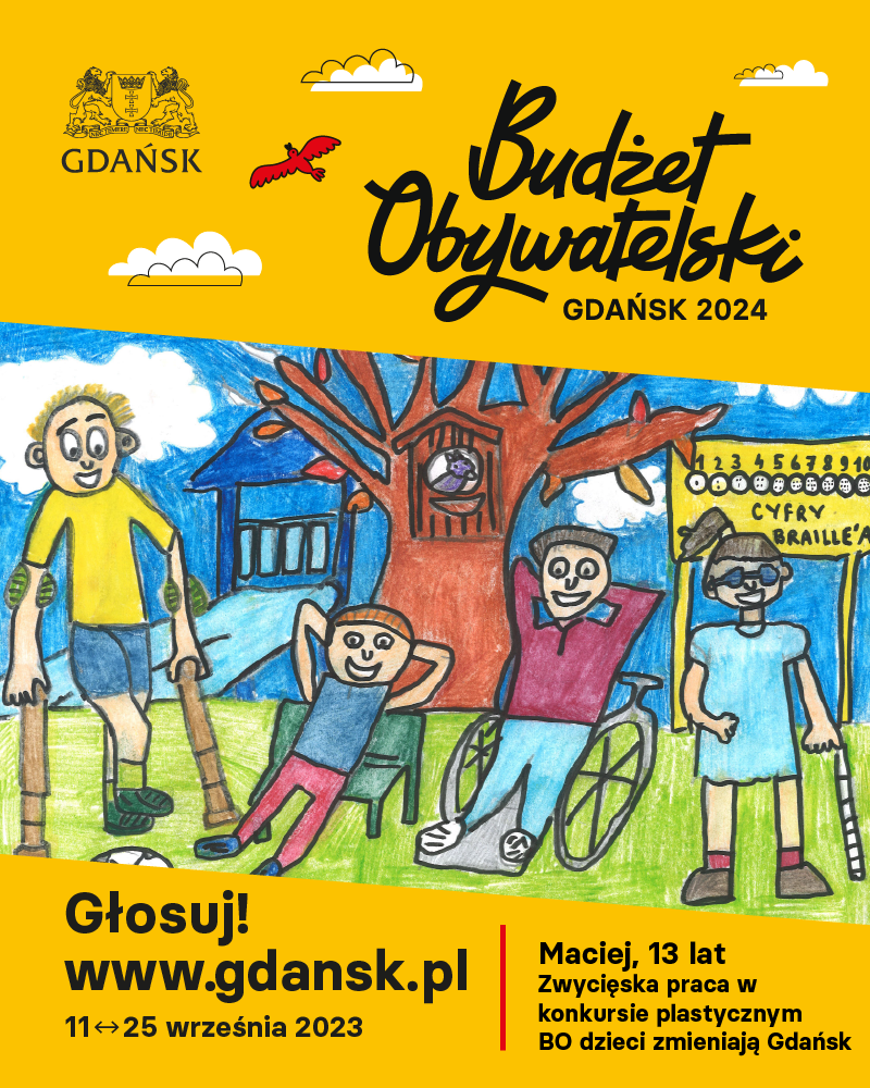 Plakat BO 2024. Na plakacie data głosowania 11-25 września 2023 r. oraz zwycięska praca w konkursie plastycznym BO dzieci zmieniają Gdańsk
