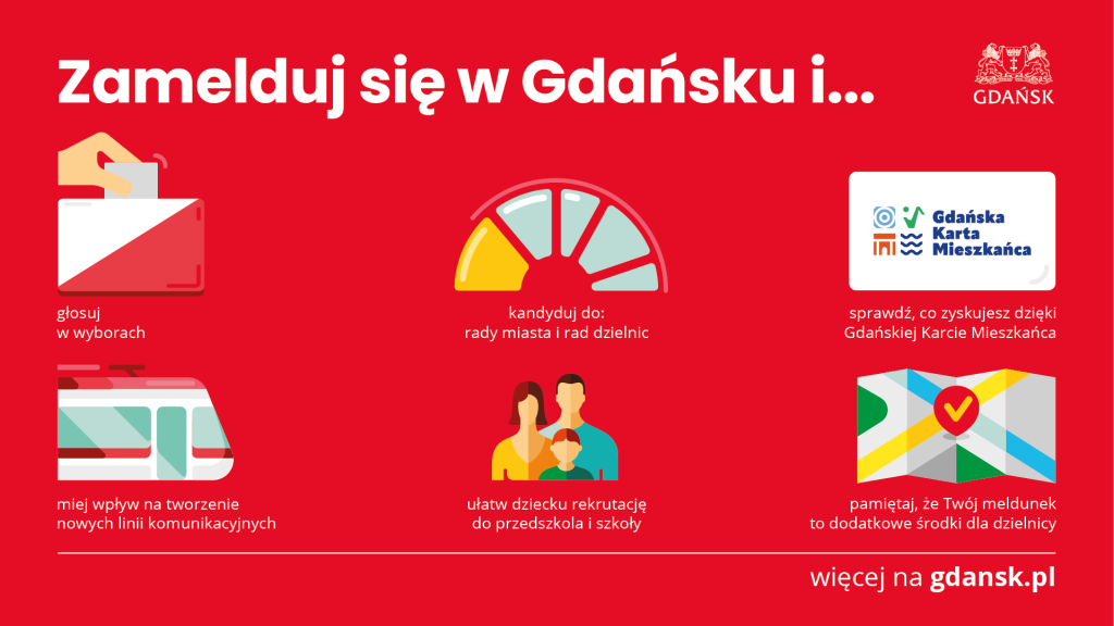 Infografika zachęcająca do zameldowania w Gdańsku i wskazująca takie korzyści, jak głosowanie w wyborach, kandydowanie do rady miasta i rady dzielnic, gdańska karta mieszkańca itp.