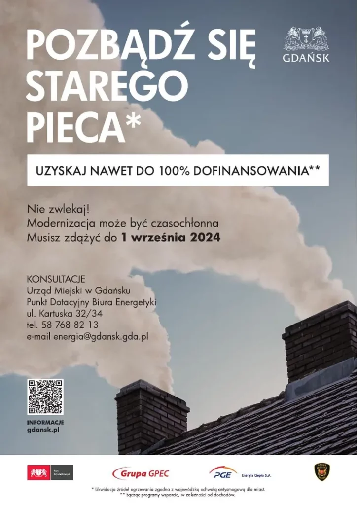 Plakat informacyjny zawierający adres punktu konsultacyjnego: Urząd Miejski w Gdańsku, Punkt Dotacyjny Biura Energetyki, ul. Kartuska 32/34. tel. 58 768 82 13, email: energia@gdansk.gda.pl