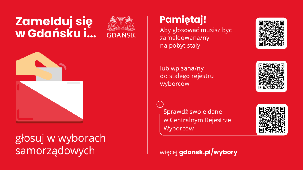 Grafika zachęcająca do meldunku w Gdańsku i głosowania w wyborach samorządowych. Więcej na gdansk.pl/wybory